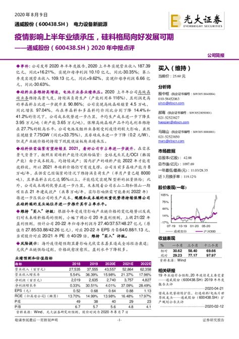 2020年中报点评：疫情影响上半年业绩承压，硅料格局向好发展可期