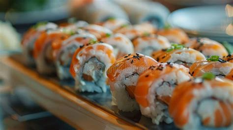 Fresh Sushi Plate With Assorted Rolls And Toppings Stock Photo Image