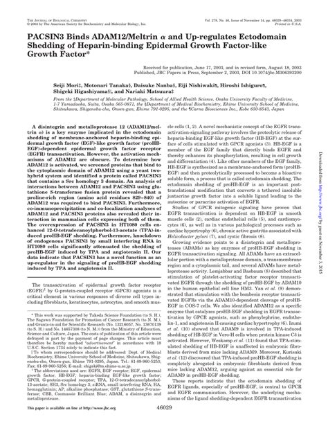 PDF PACSIN3 Binds ADAM12 Meltrin α and Up regulates Ectodomain