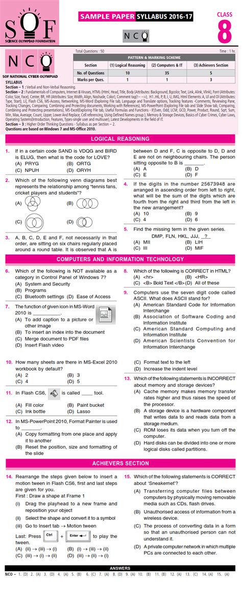 Nco Nso Imo Ieo And Igko 2018 2019 Class 8 First Level Sample Papers