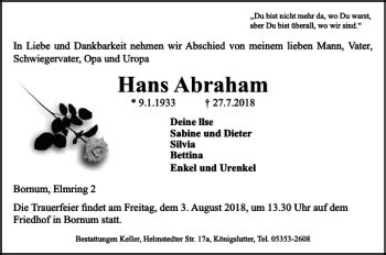 Traueranzeigen Von Hans Abraham Trauer De