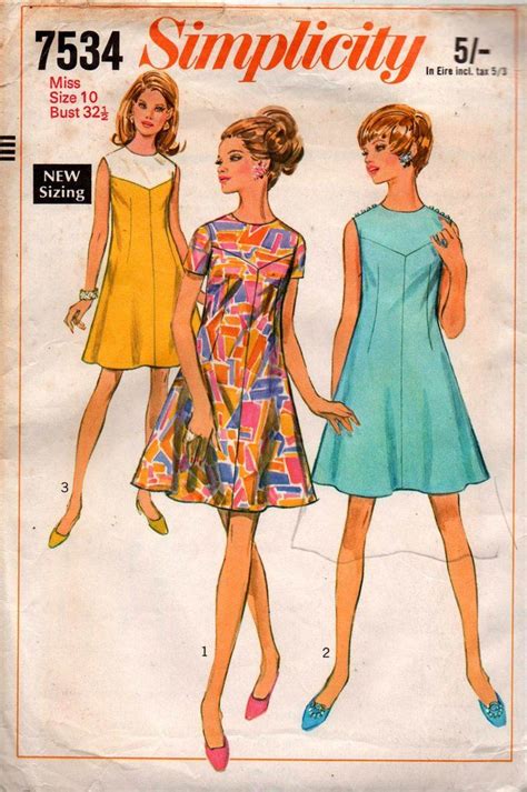 Simplicity 7534 Womens Shift Dress 60s Vintage Sewing Pattern Size 10 Bust 32 12 Inches Mod