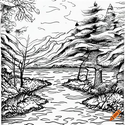 Detailed Black And White Landscape Drawing