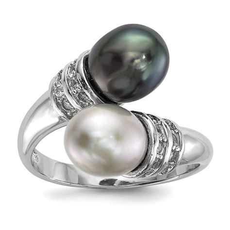 Sterling Silver Rh Mm Black Grey Rice Fwc Pearl Cz Ring Walmart