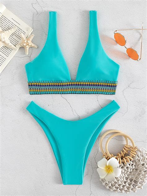 Shein Swim Bohofeel Conjunto De Bikini Estampado Sujetador Sin Mangas