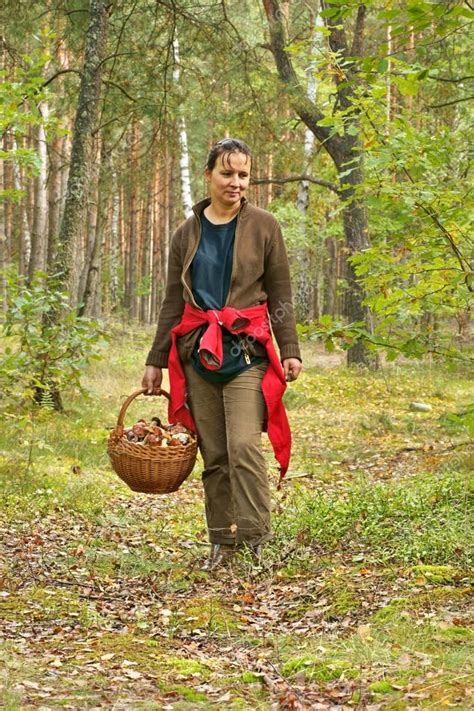 Mushrooming Woman Picking Mushrooms In The Forest Stock Photo