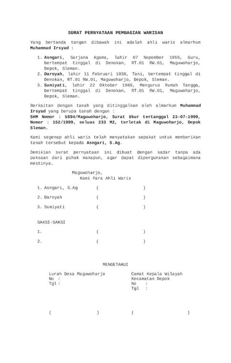 Docx Surat Pernyataan Pembagian Warisan Dokumen Tips