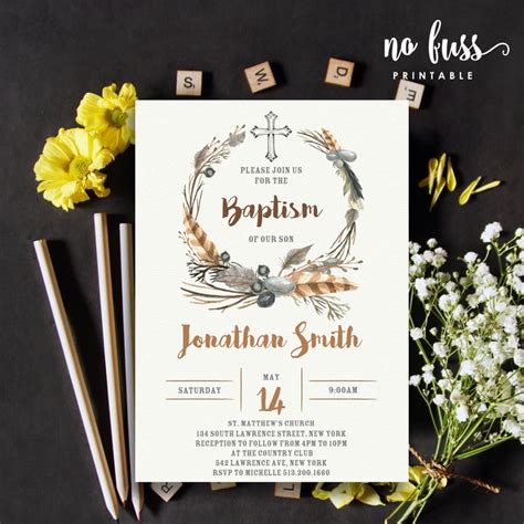 Watercolor Boho Feather Baptism Invitation Christening 5x7 Etsy