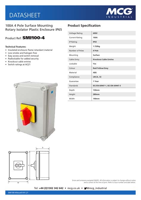 Mcg Smi100 4 Datasheet 100a 4 Pole Rotary Isolator Switch Ip65