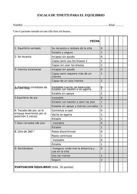 Escala De Tinetti Escala De Tinetti Para El Equilibrio Nombre Studocu