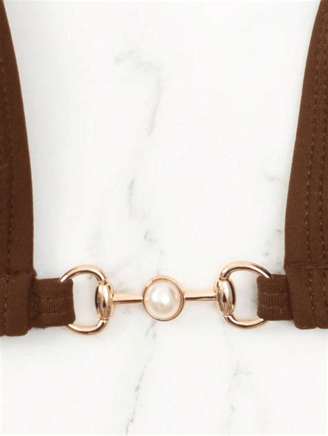 SHEIN Swim Summer Beach Faux Pearl Embellished Triangle Bra Swim Bottom Bikini Set Bathing