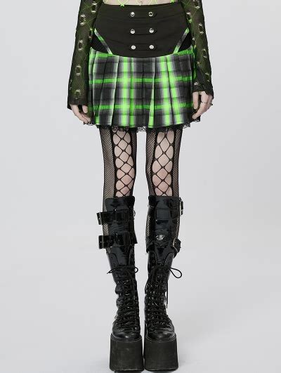 Black And Green Plaid Gothic Punk Grunge Girl Pleated Mini Skirt