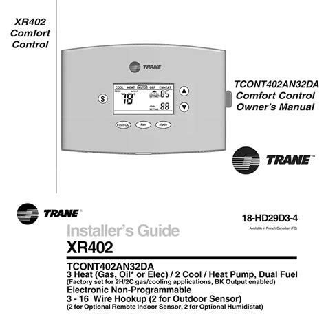 Trane XR402 Comfort Control TRANETCONT402AN32DAUM User Manual