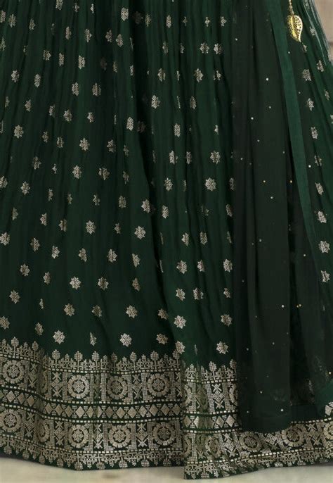 Buy Foil Printed Georgette Lehenga In Dark Green Online Lqs Utsav