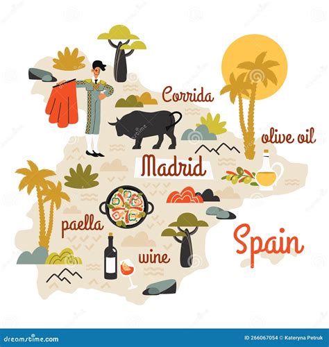 Spain Map Hand Drawn With Doodle Elements. Tourist Attractions