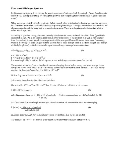 Experiment 8 Hydrogen Spectrum - Experiment 8 Hydrogen Spectrum In this ...