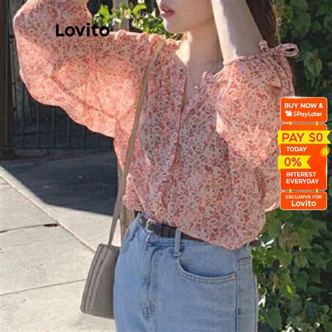 Lovito Casual Ditsy Floral Lace Up Pattern Button Blouse For Women