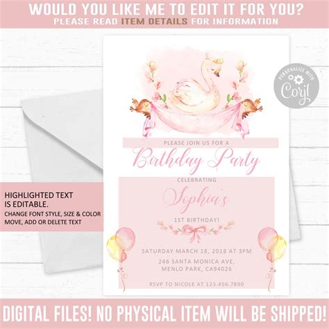 Editable Princess Swan Birthday Invitation Corjl Template Etsy