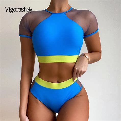 Vigorshely High Waist Swimwear Women Sexy Mesh Hollow Bikini 2021 Push