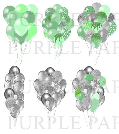 Mint Glitter Balloons Clipart Pastel Green And Silver Glitter Etsy