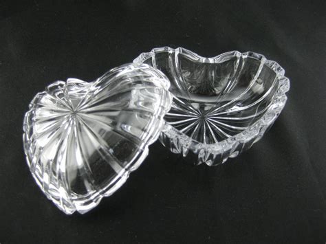 Vintage Heart Shaped Crystal Glass Trinket Box With Lid