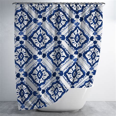 Navy Moroccan Tile Shower Curtain Print Fabric Bathroom Decor Etsy