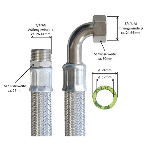 Panzerschlauch 3 4 AG x 3 4 ÜM Bogen Flexschlauch DN19 mit