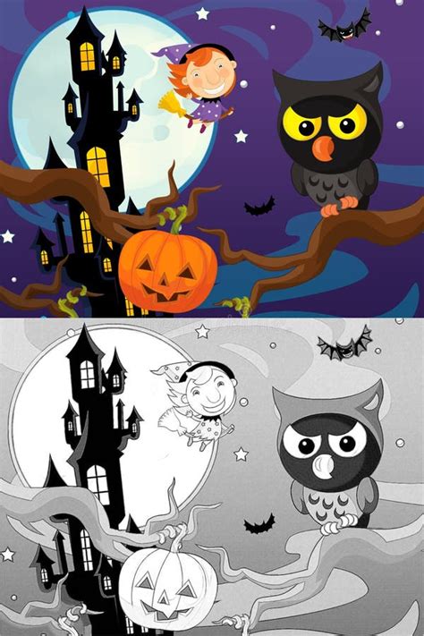 Cartoon Halloween Scene with Sketch Illustration Stock Illustration ...