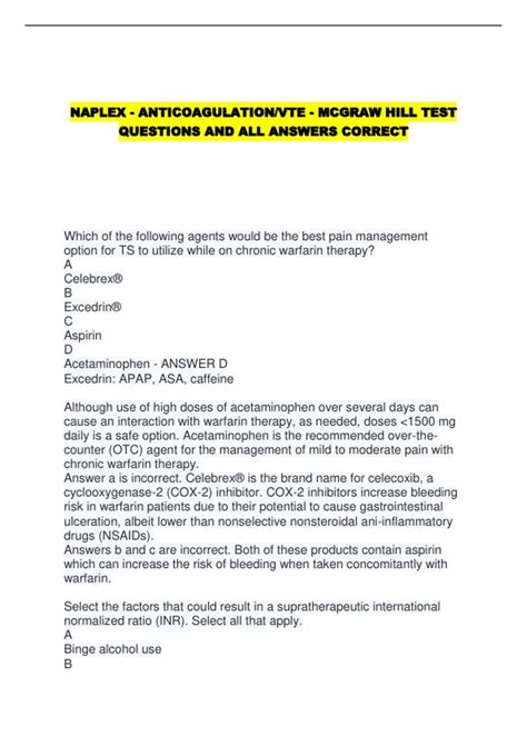 NAPLEX - ANTICOAGULATION/VTE - MCGRAW HILL TEST QUESTIONS AND ALL