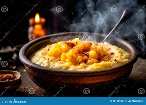 Polenta Cornmeal Cooked Into A Creamy Porridge Or Grilled And Served With Toppings Stock