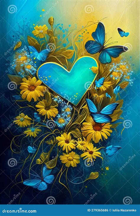 Painted Spring Background In Blue Yellow Flowers With Butterflies And