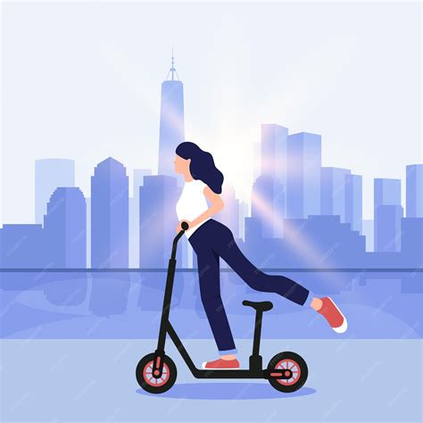 Premium Vector Girl Riding An Electric Scooter City Landscape Background