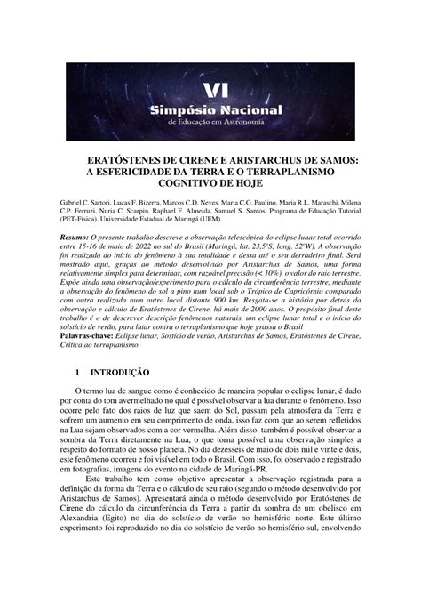 PDF ERATÓSTENES DE CIRENE E ARISTARCHUS DE SAMOS A ESFERICIDADE DA