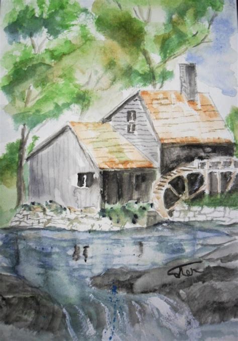 Water Mill Painting Original Watercolor, 5.5 by 8.5 Inches, Mini Painting, Country Scene Art ...