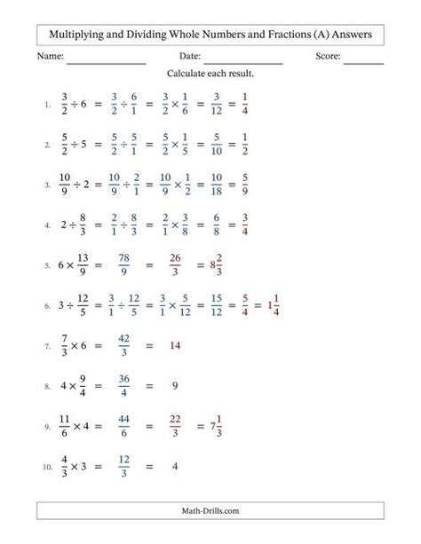 Multiplying And Dividing Improper Fractions And Whole Numbers With All Simplifying Fillable A