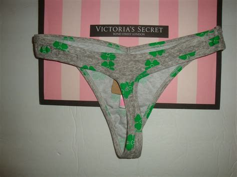 New Victorias Secret Pink Cotton Thong Panty Gray With Green Shamrock Sz S Panties