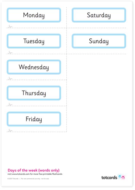 Free days of the week flashcards for kids - Totcards