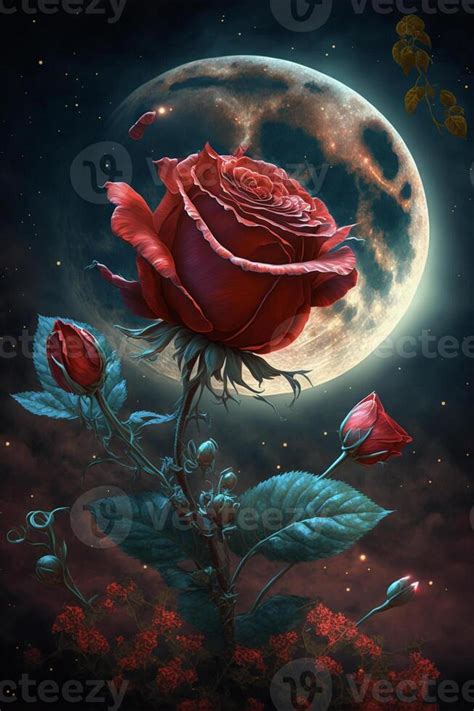 painting of a rose with a full moon in the background. generative ai ...