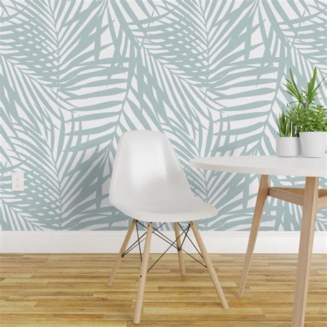 Peel And Stick Wallpaper 2ft Wide Pastel Blue Palm Fronds Tropical Beach Coastal Island Leaves