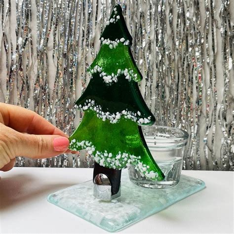 Fused Glass Christmas Tree Ornament In Stand Up Mount With Candle Holder Handmade Glass