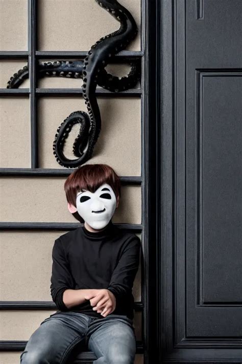 Boy With Tomodachi Mask Sittin Alone Near Black Door Stable