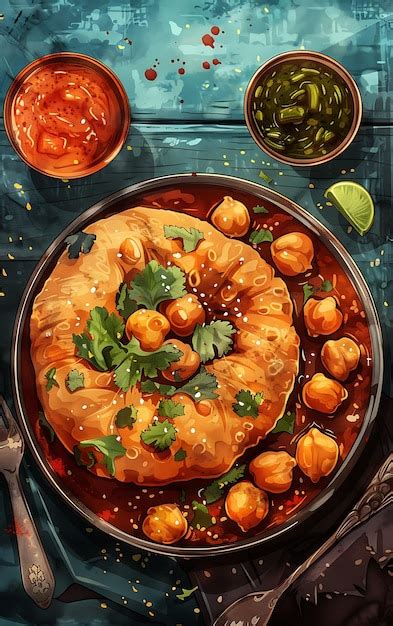 Poste Du Plat Chole Bhature Avec Des Pois Chiches épicés Et Des Pâtes