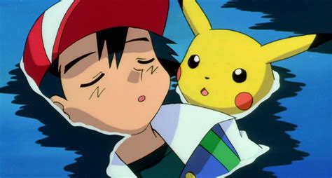 pikachu and ash kissing each other in the water