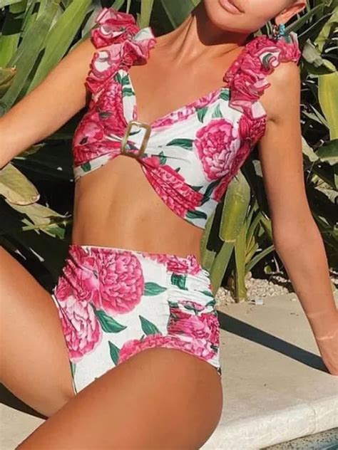 High Waist Floral Sexy Ruffle Bikini And Cover Up