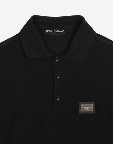 Cotton Piqué Polo Shirt With Branded Tag In Black For Men Dolceandgabbana®