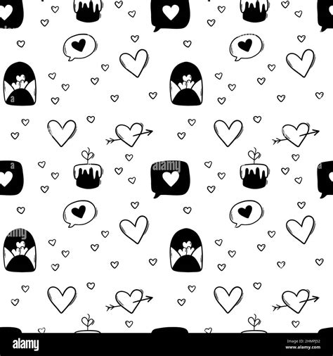 Black And White Seamless Pattern For Valentines Day In Doodle Style