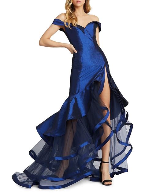 Mac Duggal Off The Shoulder Tiered Gown In Blue Lyst