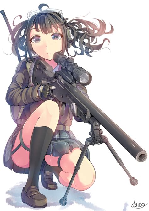 Safebooru 1girl Brown Eyes Brown Hair Daito Gloves Goggles Gun Jacket Military Original Plaid