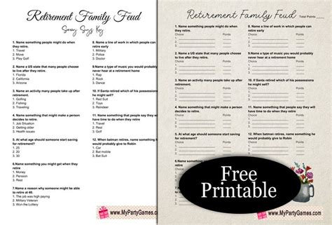 Free Printable Retirement Feud Game With Survey Says Key In