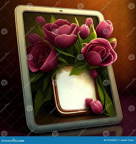 Digital Art Computer Tablet on Table with Flowers Stock Illustration ...